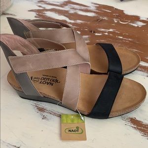 NAOT black and taupe and silver sandals
